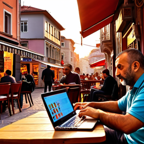 A bustling Istanbul street scene at sunset, showcasing the vibrant colors and energy, with a modern translator working on a laptop at a cozy cafe nearby, possibly sipping Turkish coffee. Focus on warm lighting and the blend of traditional and modern life.