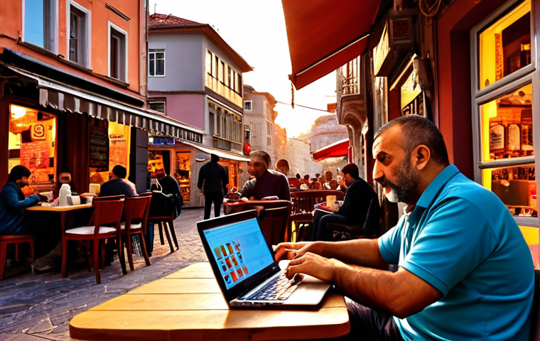 A bustling Istanbul street scene at sunset, showcasing the vibrant colors and energy, with a modern translator working on a laptop at a cozy cafe nearby, possibly sipping Turkish coffee. Focus on warm lighting and the blend of traditional and modern life.